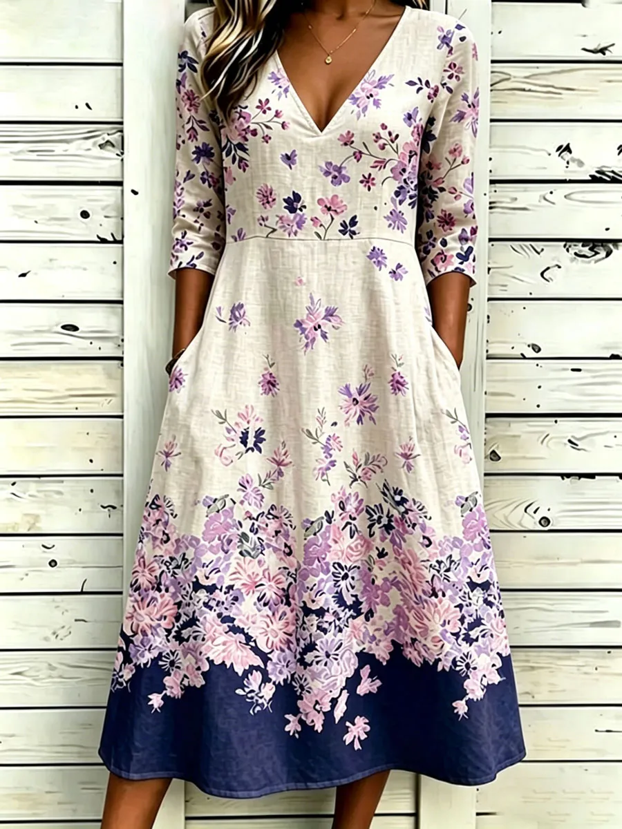 Women'S Cotton And Linen Casual Printed Dress