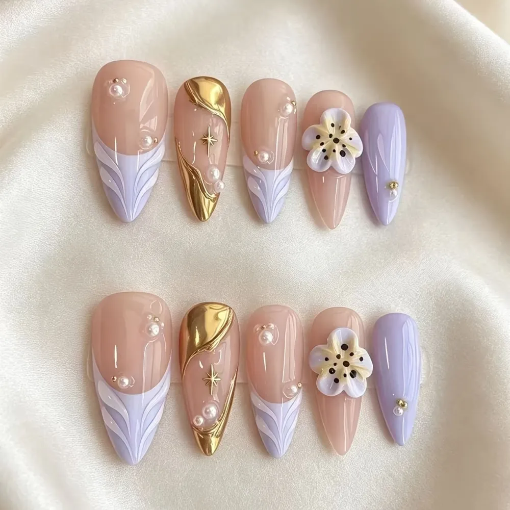 Nailhour 10Pcs 3D French Gilded Purple Medium Almond Press On Nails