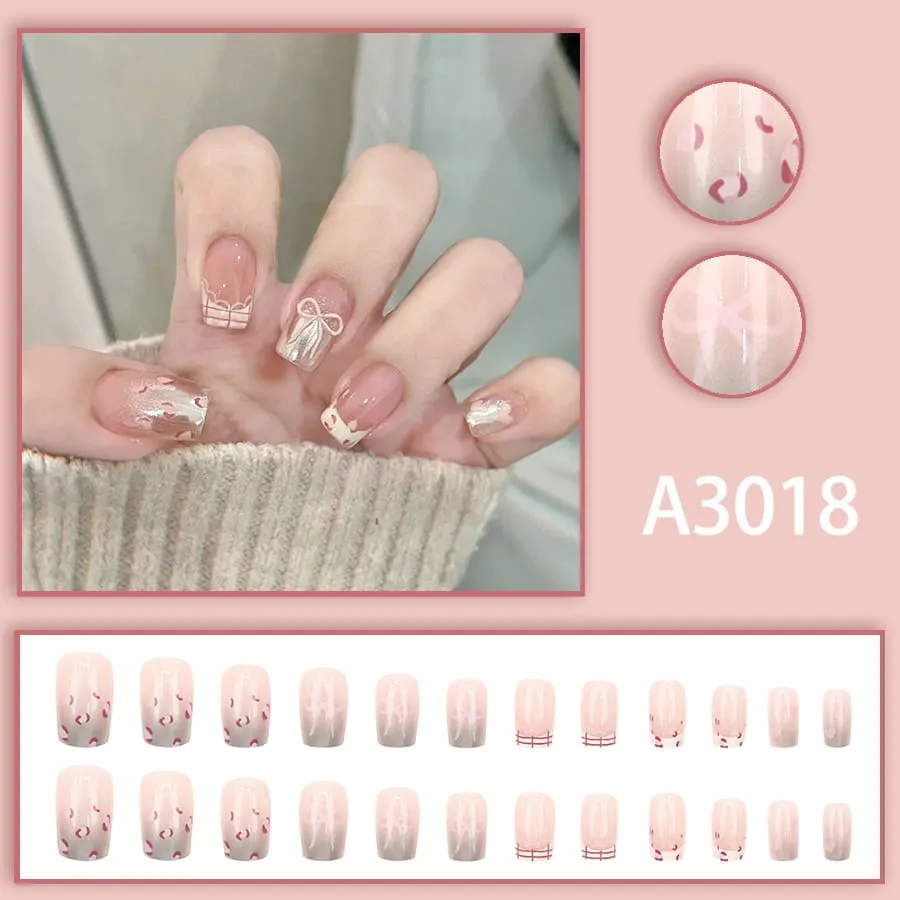 Nailhour 24Pcs Gradient Sweet Medium Square French Press On Nails