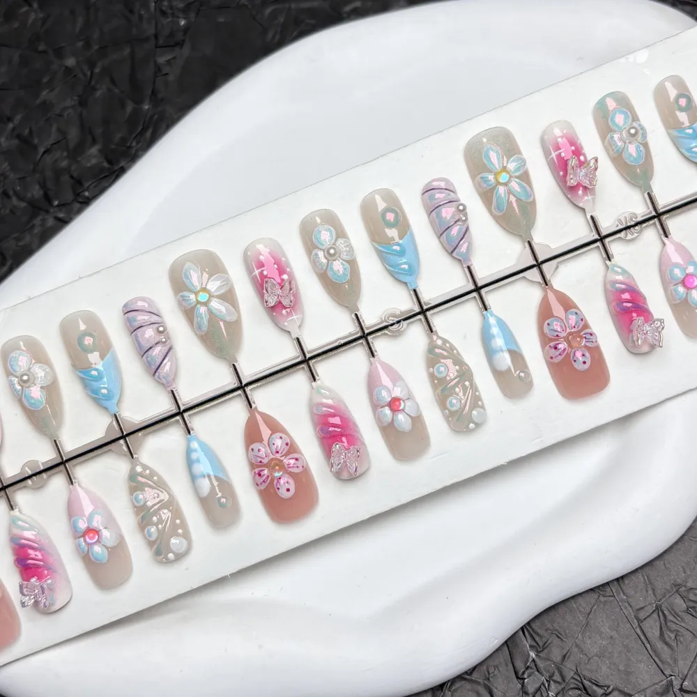 Nailhour 30Pcs Floral 3D Medium Almond Glitter French Press On Nails
