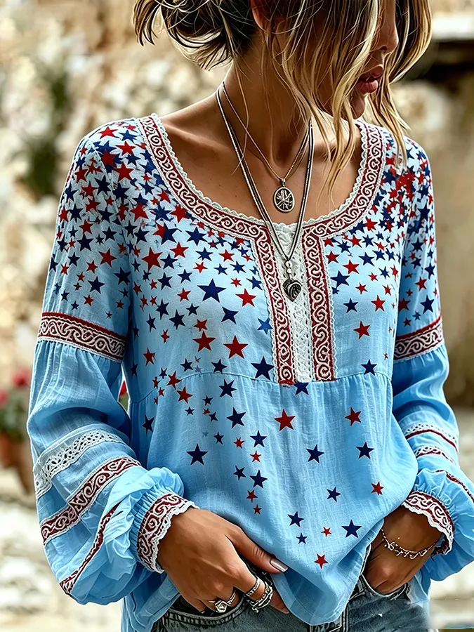 Women'S American Flag Star Printed Long Sleeve Casual Shirt