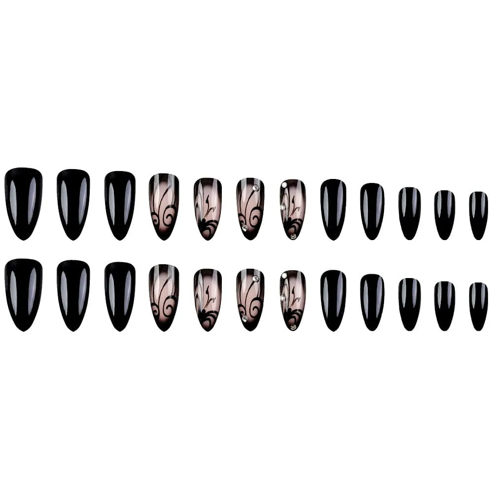 Nailhour 24Pcs French Black Rhinestone Short Almond Press On Nails