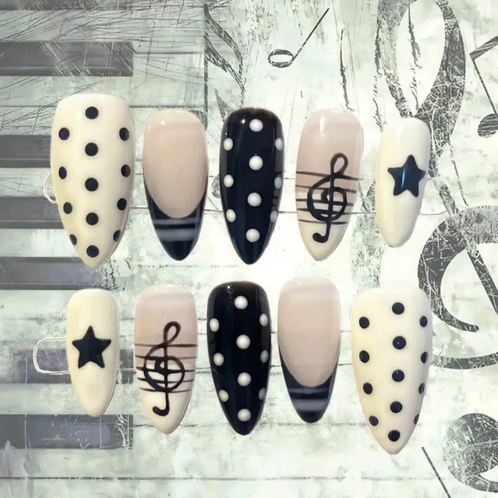 Nailhour 10Pcs Handmade Almond French Polka Dot With Music Note Press On Nails