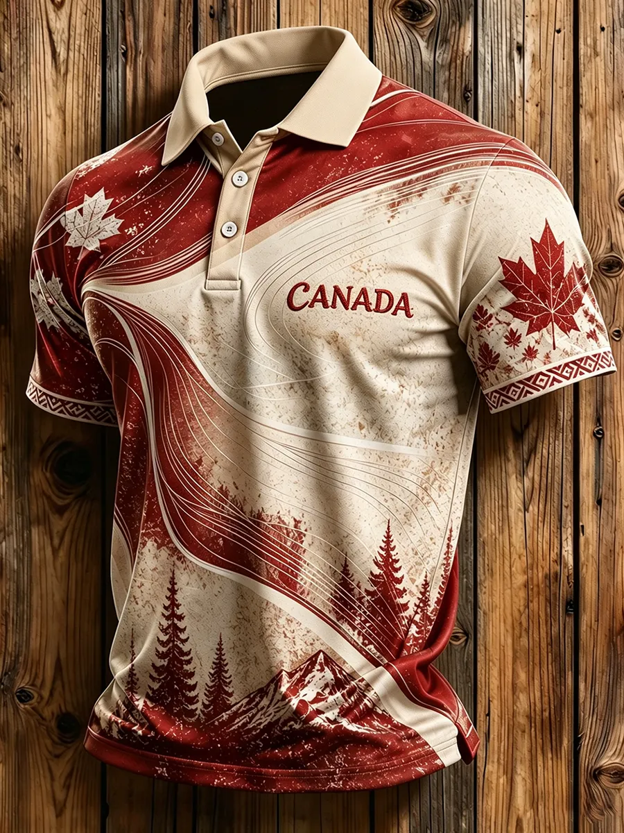 Men's Canada Maple Leaf Mountain Print Polo Shirt