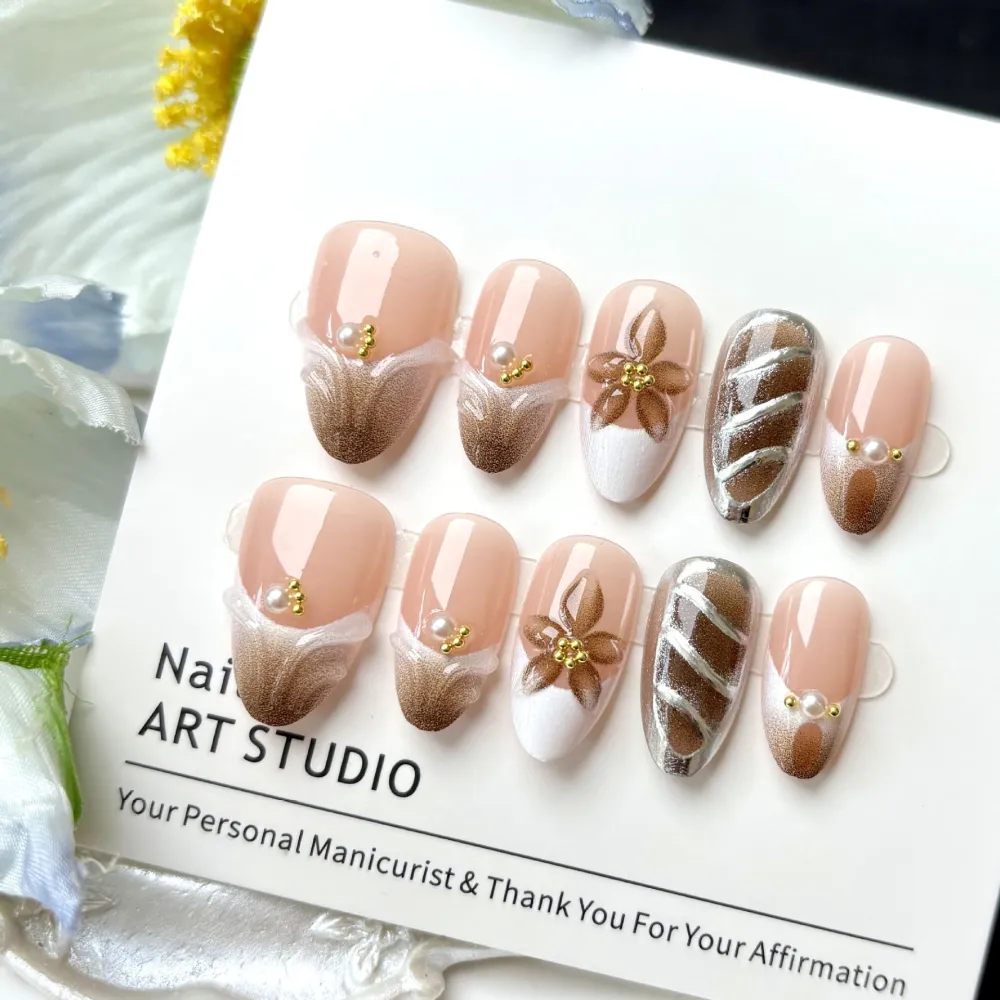 Nailhour 30Pcs Autumn Glitter Floral 3D Medium Almond French Press On Nails