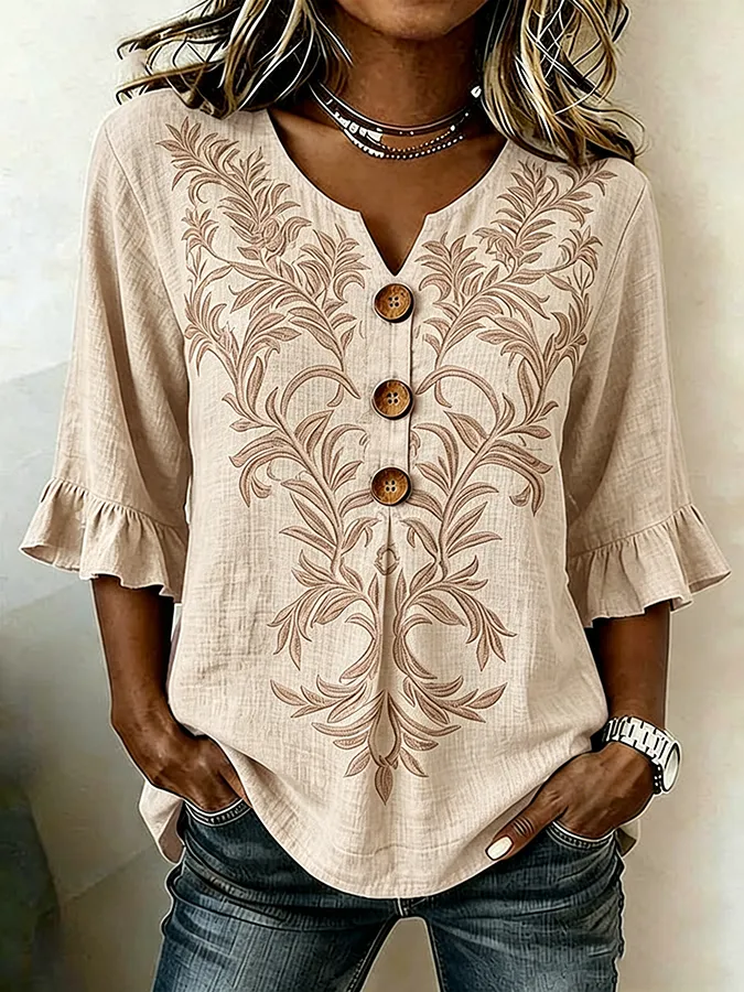 Women's Casual Retro Floral Cotton Linen Shirt