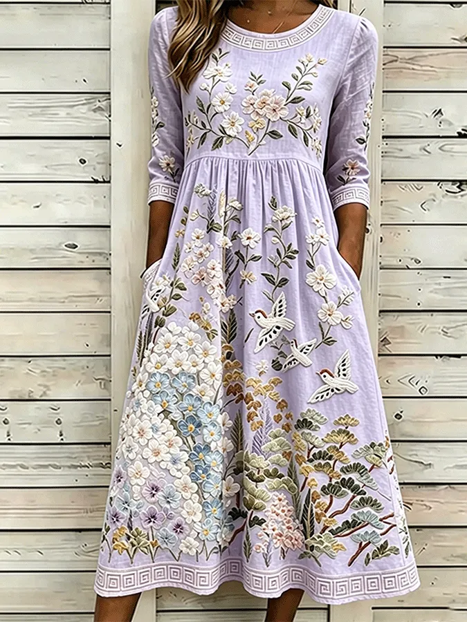 Vintage Floral & Birds Art Cozy Linen Maxi Dress
