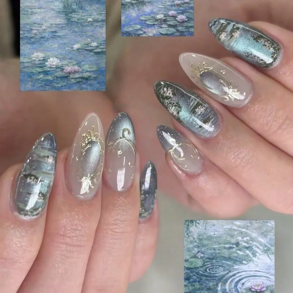 Nailhour 30Pcs Blue Vintage Gilded Floral Medium Almond Press On Nails