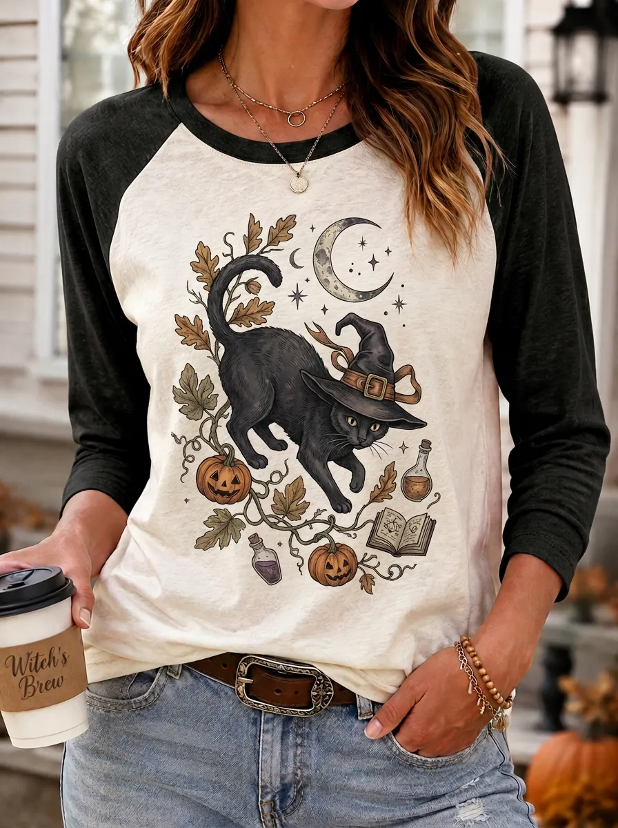Women's Halloween Witch Cat Pumpkin Moon Printed Raglan T-shirt