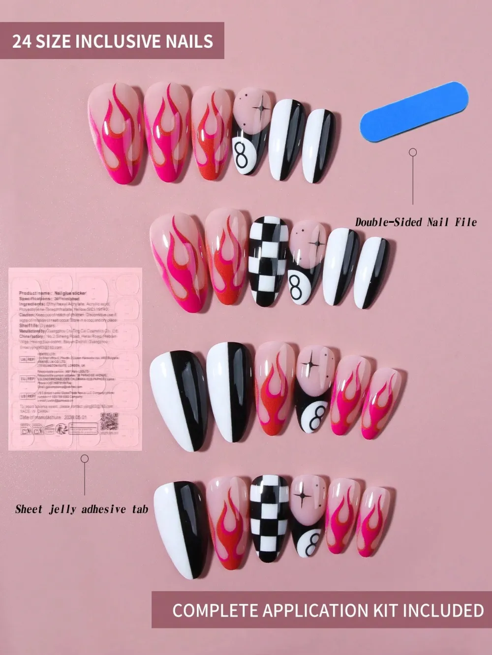 Nailhour 24pcs Black White Plaid French Pointed Nail Tips With Spade 8 Press On Nails