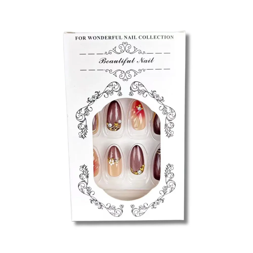Nailhour 30Pcs Brown Autumn Floral 3D Medium Almond French Press On Nails