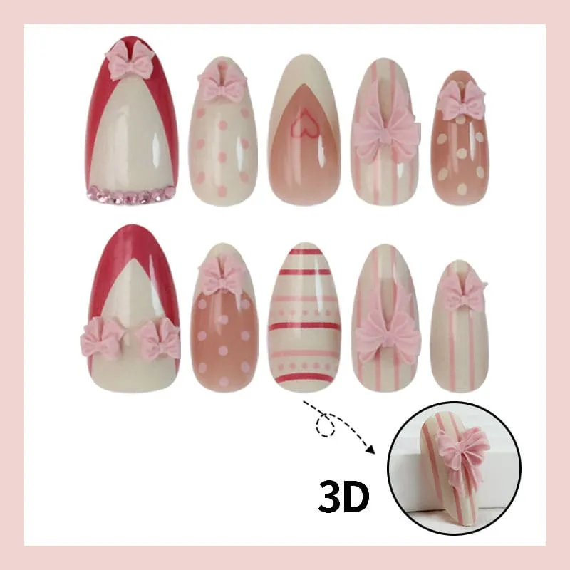 Nailhour 30Pcs 3D Butterfly Bow Medium Almond French Press On Nails