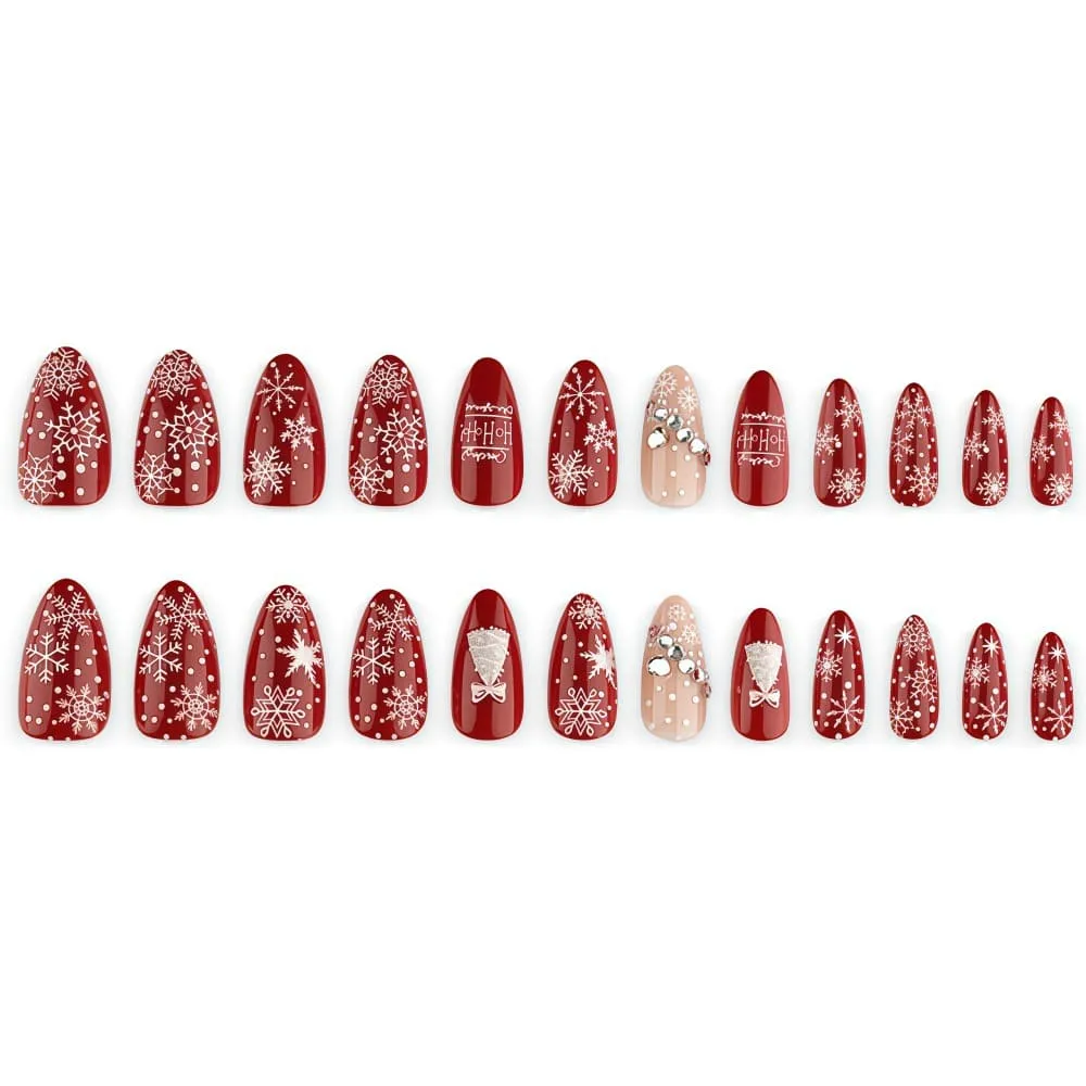 Nailhour 24Pcs Red Christmas Snowflake3D Medium Almond French Press On Nails