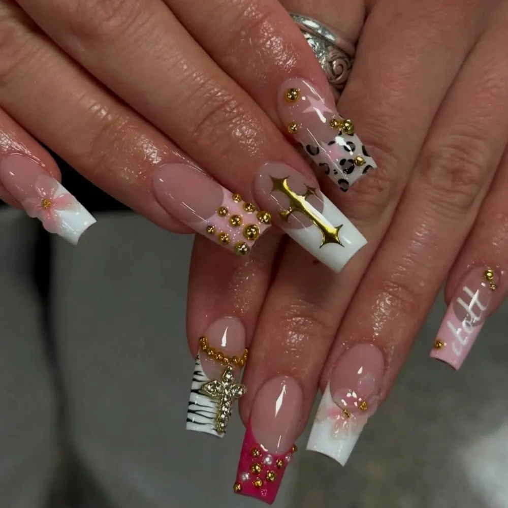 Nailhour 24Pcs 3D Long Square Rhinestone Press On Nails