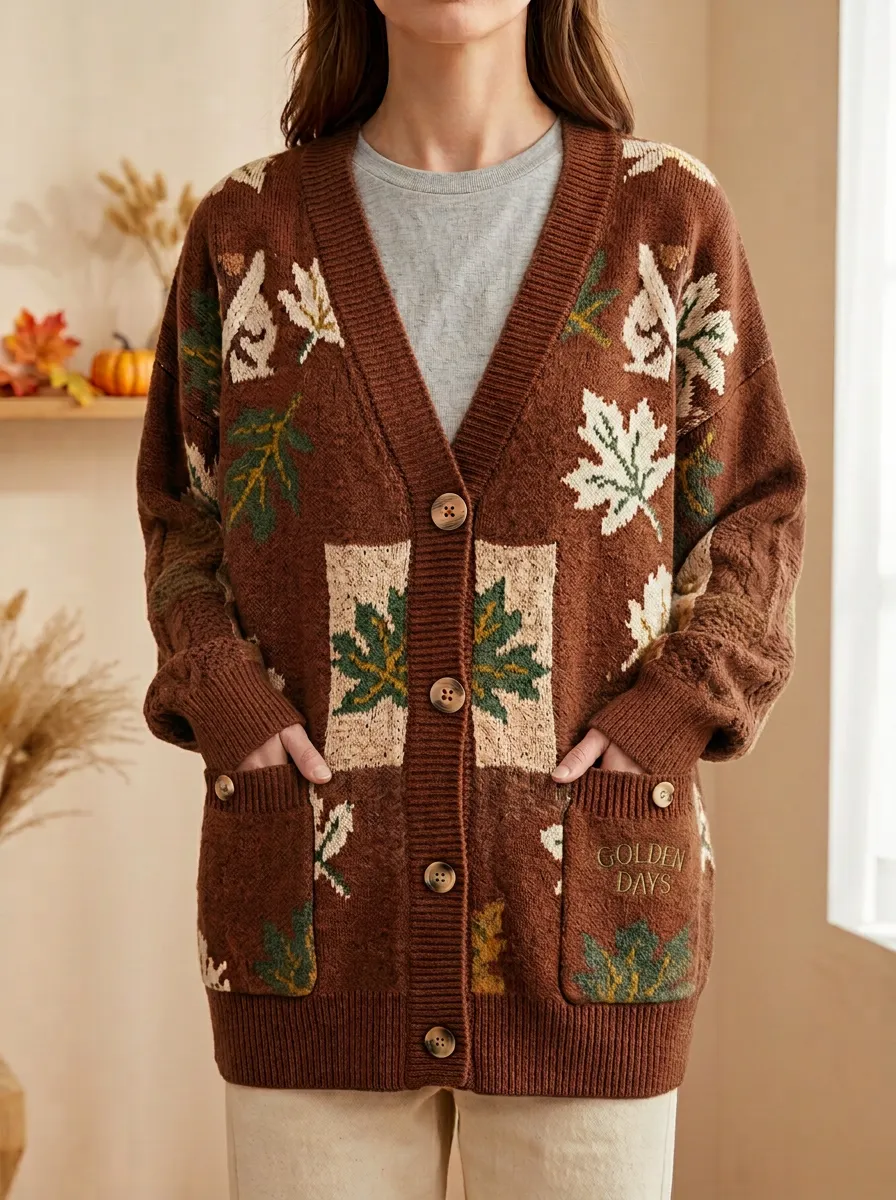 Botanical Maple Leaf Patterned Women's Knit Cardigan
