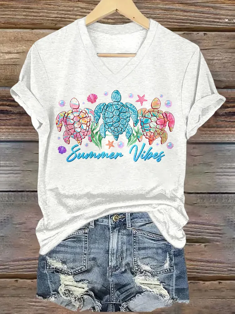 Women's Vibes Short Sleeves V-Neck Pure Cotton T-Shirt