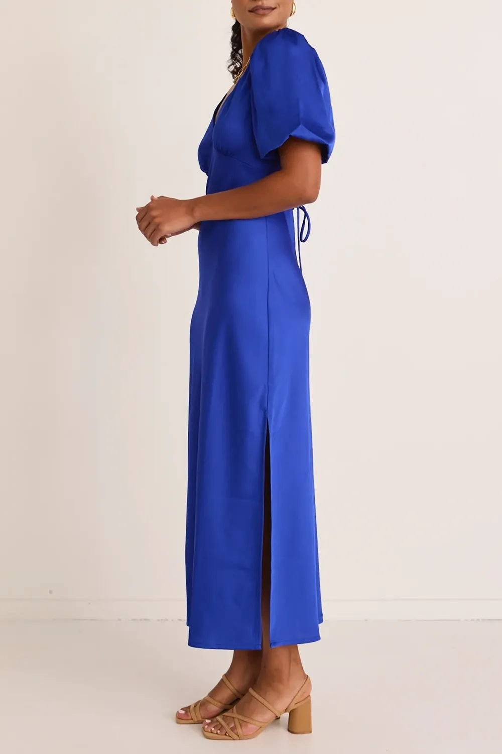 Blue Satin Short - Sleeve Maxi Dress