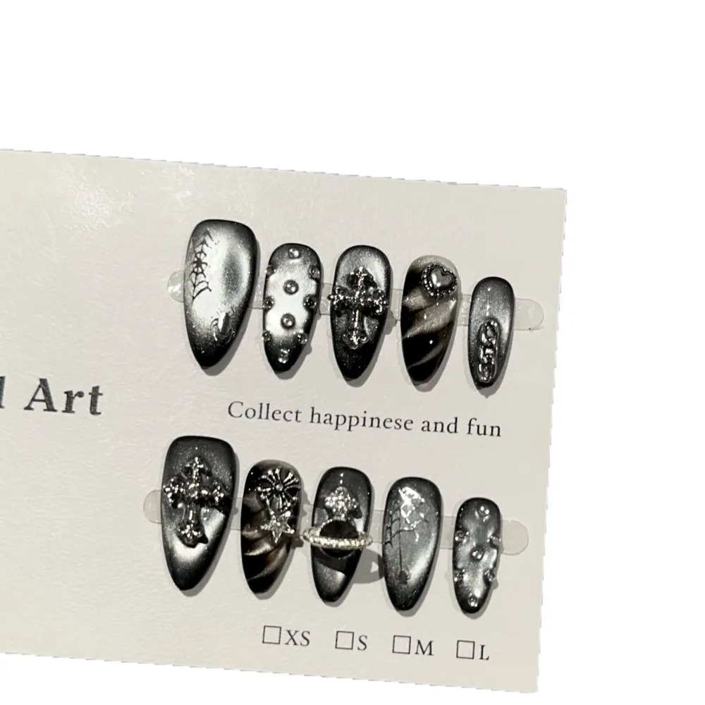 Nailhour 10Pcs Black Cat Eye 3D Medium Almond Press On Nails