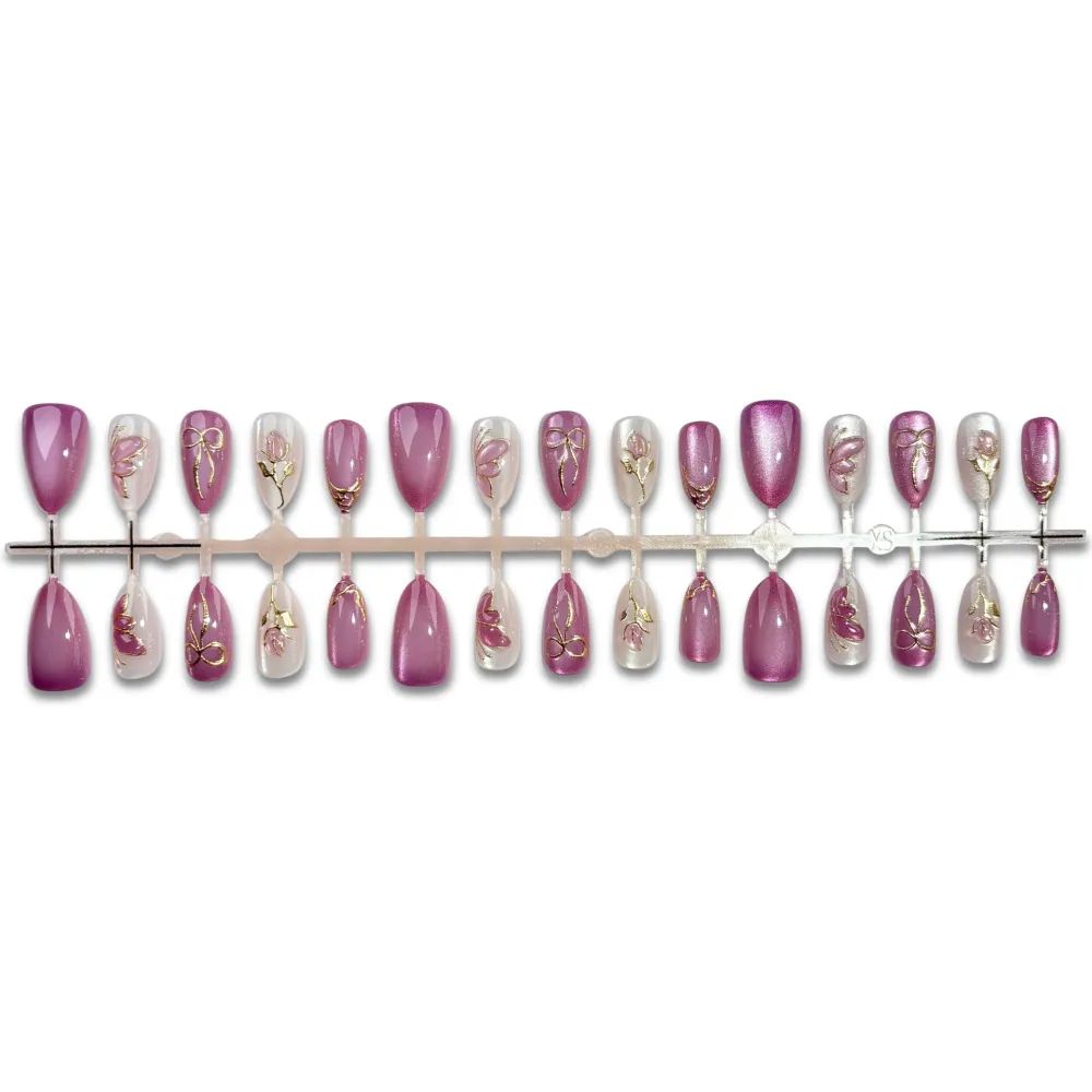 Nailhour 30Pcs Purple Cat Eye Floral  Medium Almond Press On Nails
