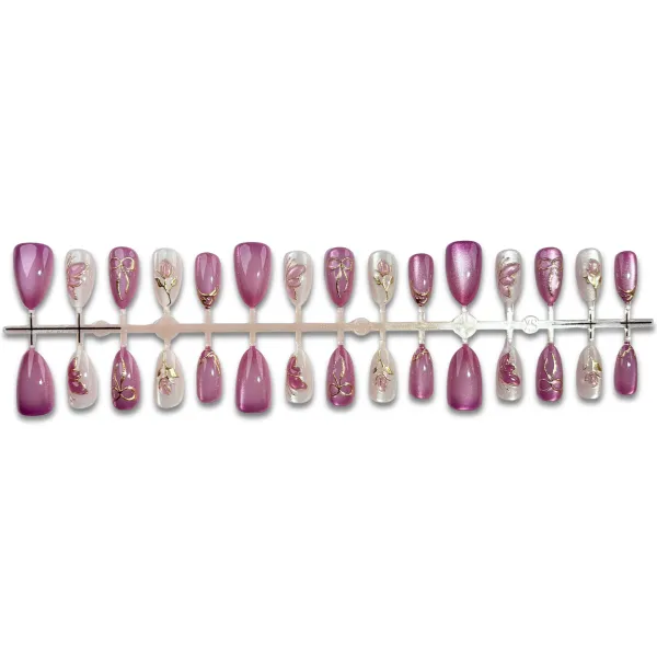 Nailhour 30Pcs Purple Cat Eye Floral  Medium Almond Press On Nails