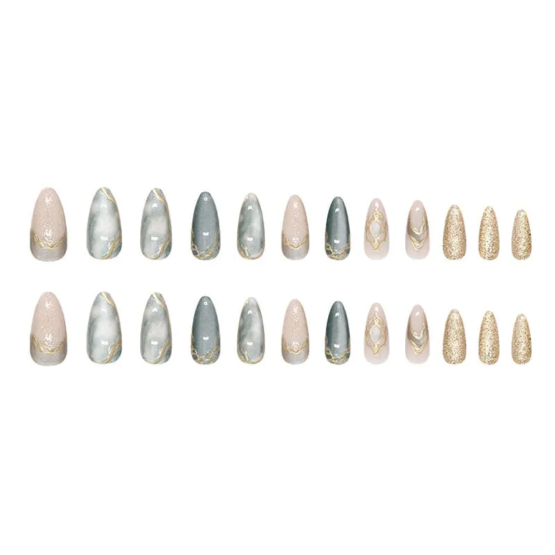 Nailhour 24Pcs Cat Eye Irregular Gilded Medium Almond French Press On Nails