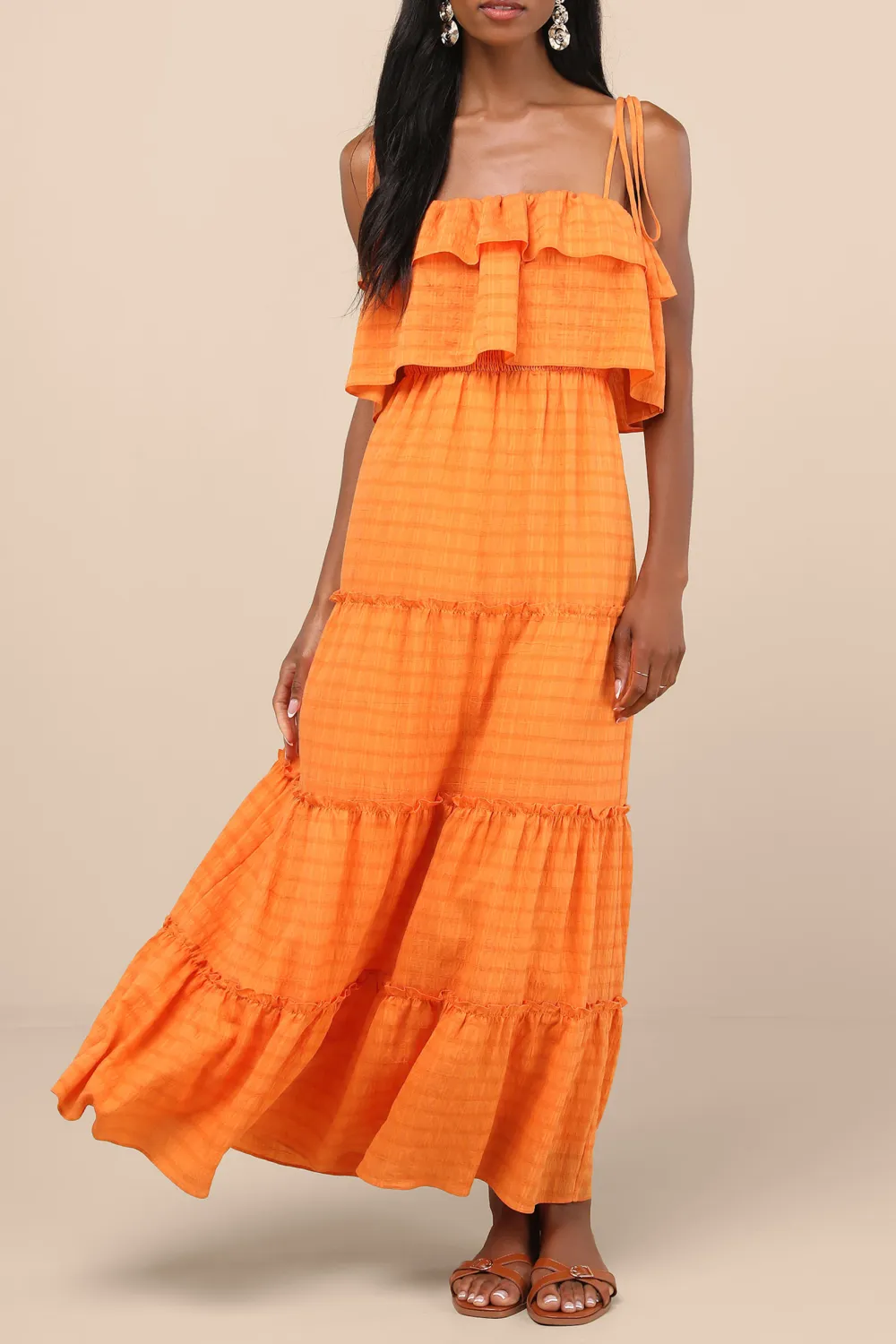 Casual Style Aqua Blue Textured Tie-Strap Tiered Maxi Dress