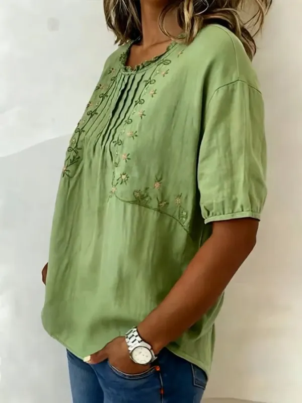 Women's Casual Short-Sleeve Embroidered Cotton-Linen Top