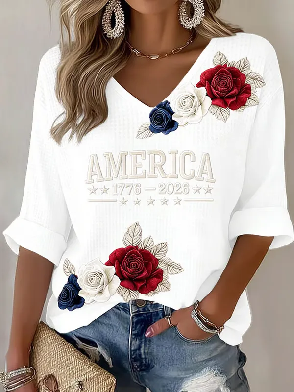 Ladies' American Flag Printed Casual Long Sleeve V-neck T-shirt