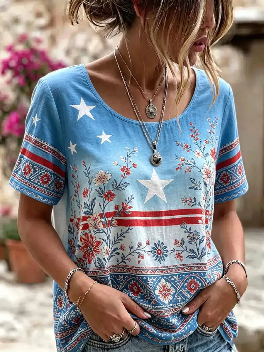 Women'S Cotton And Linen Casual Floral Top