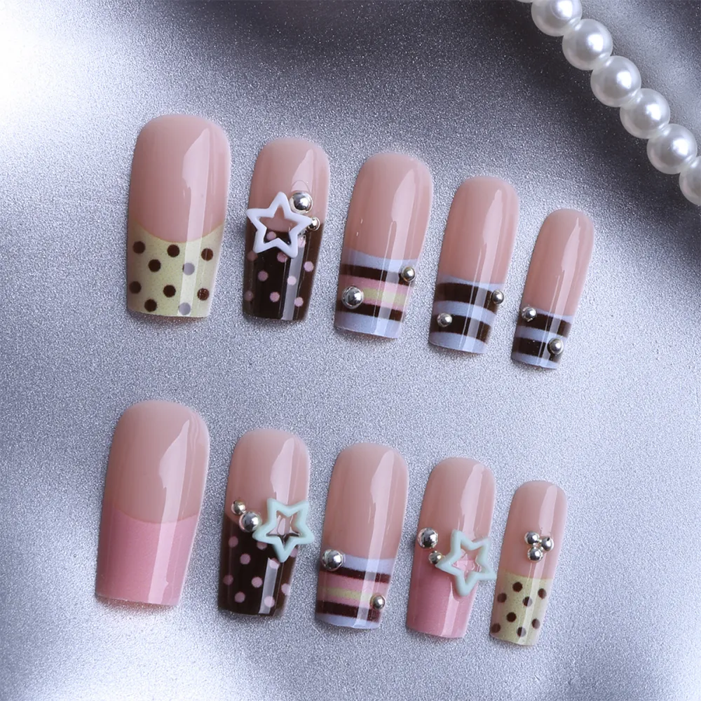 Nailhour 24 Pcs Candy-Colored Stitched Striped Pastel Brown Polka Dot Press On Nails