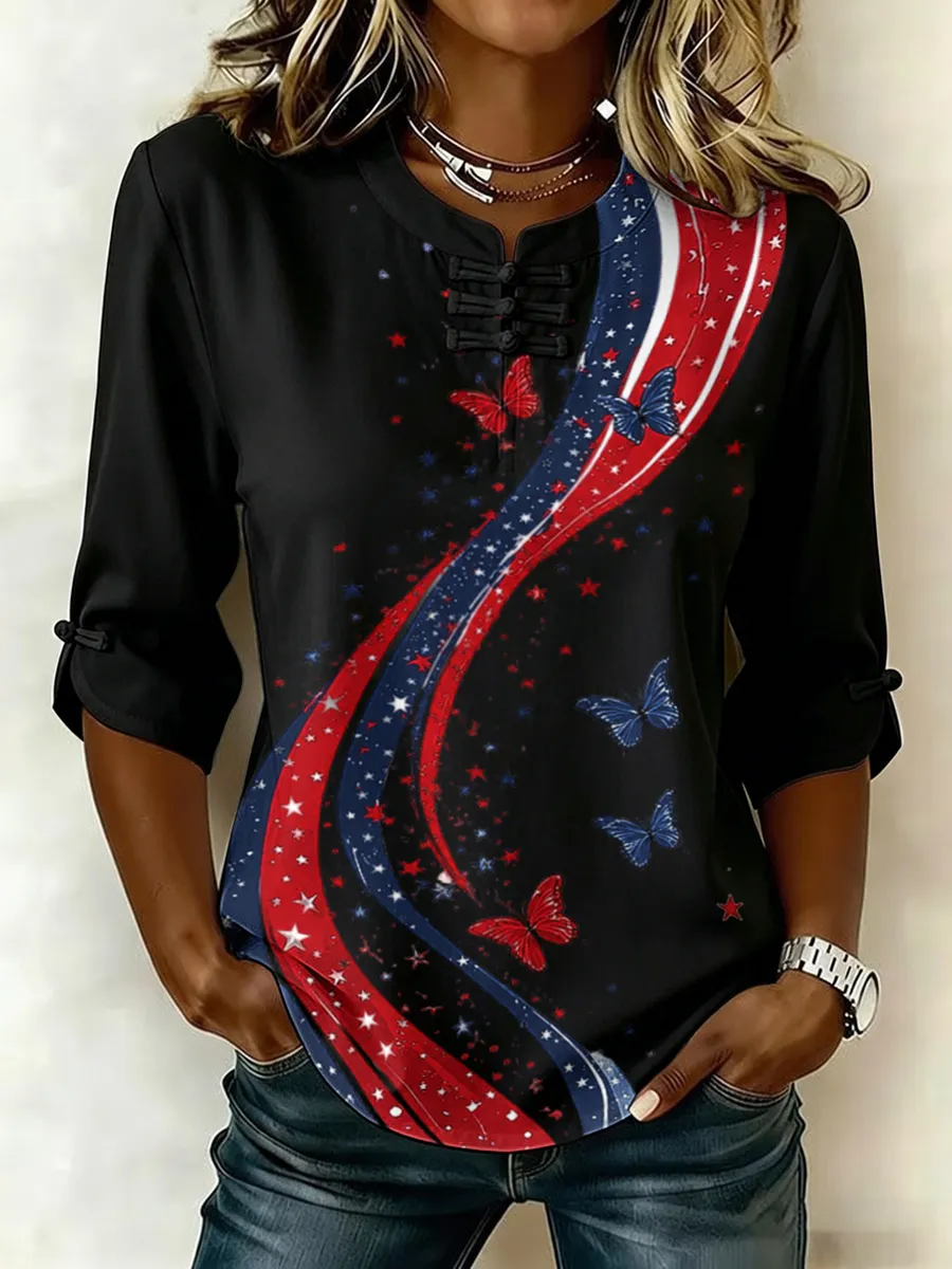 Women's Retro Flag Print Cotton Linen Top