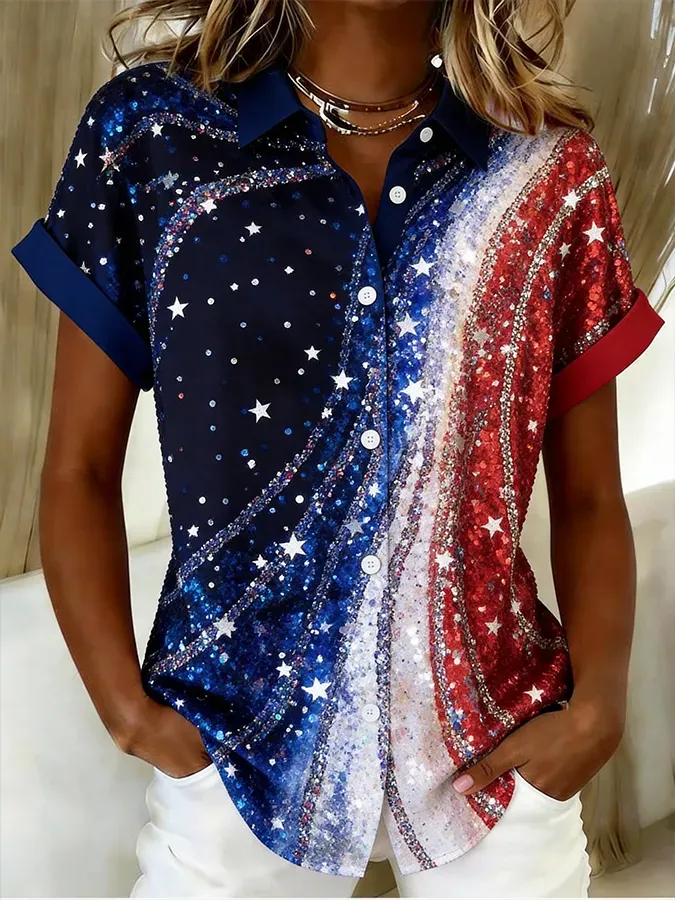 Women's Casual Patriot Cotton Linen Short-Sleeve Button-Up Shirt