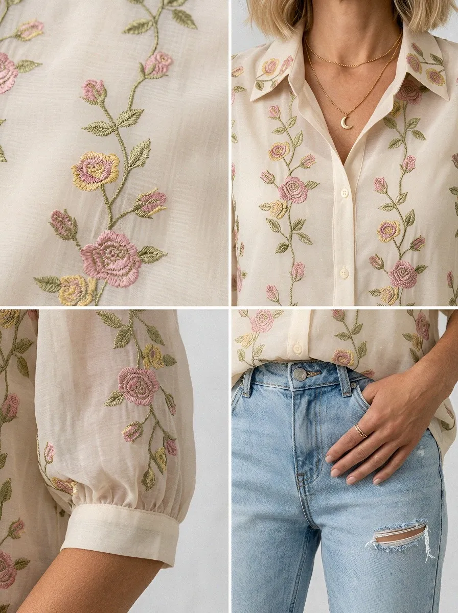 Women's Breast Cancer Awareness Pink Rose Floral Embroidered Button-up Shirt