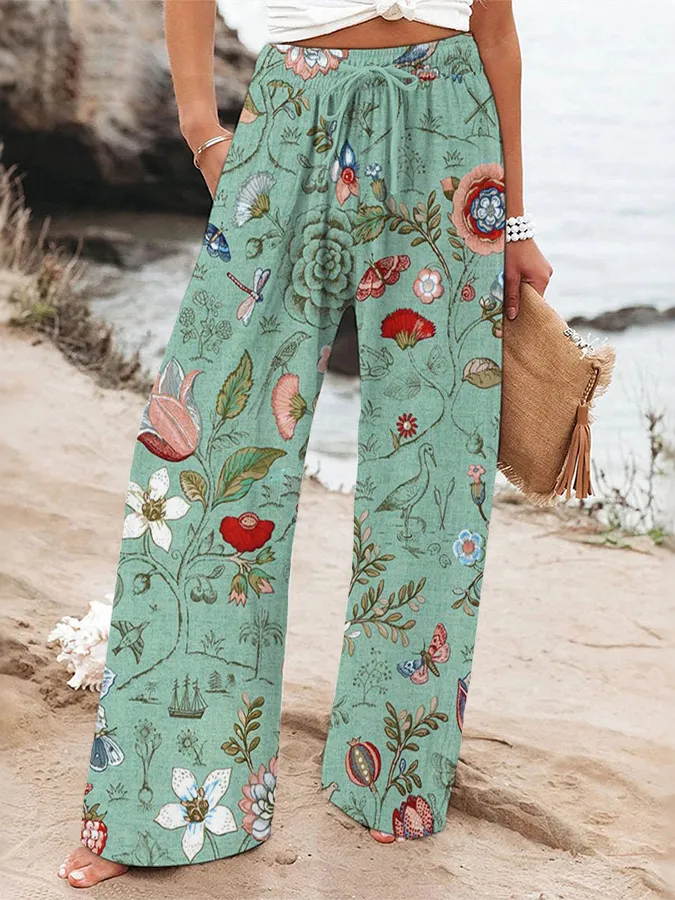 Women'S Casual Floral Art Printed Loose Cotton And Linen Pants