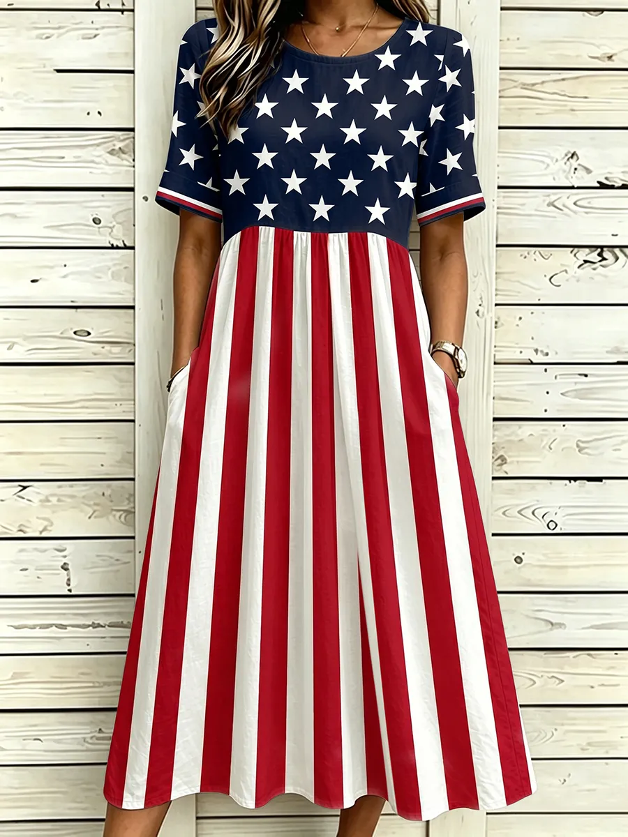 Women's America Flag Prints Cotton Linen Short-Sleeved Dress