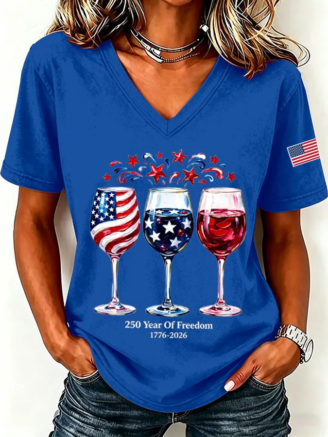 Women'S America Flag  Print Casual V-Neck T-Shirt