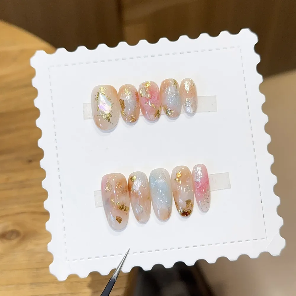 Nailhour 10Pcs Multicolor French Gilded Medium Oval Press On Nails