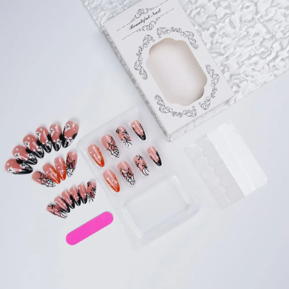 ailhour 24Pcs Halloween Pumpkin Ghost Medium Almond French Press On Nails