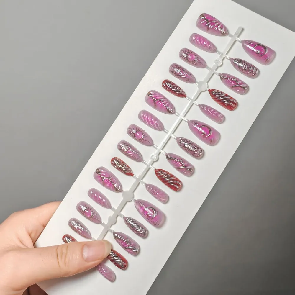 Nailhour 30Pcs Y2K Cat Eye 3D Medium Almond French Press On Nails