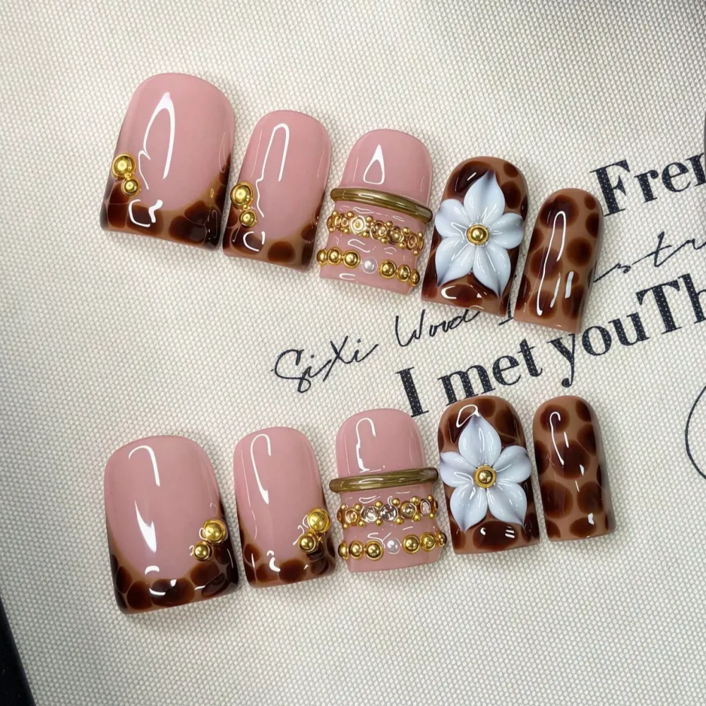 Nailhour 10 Pcs Handmade 3D Floral French Y2K Party Square Press On Nails