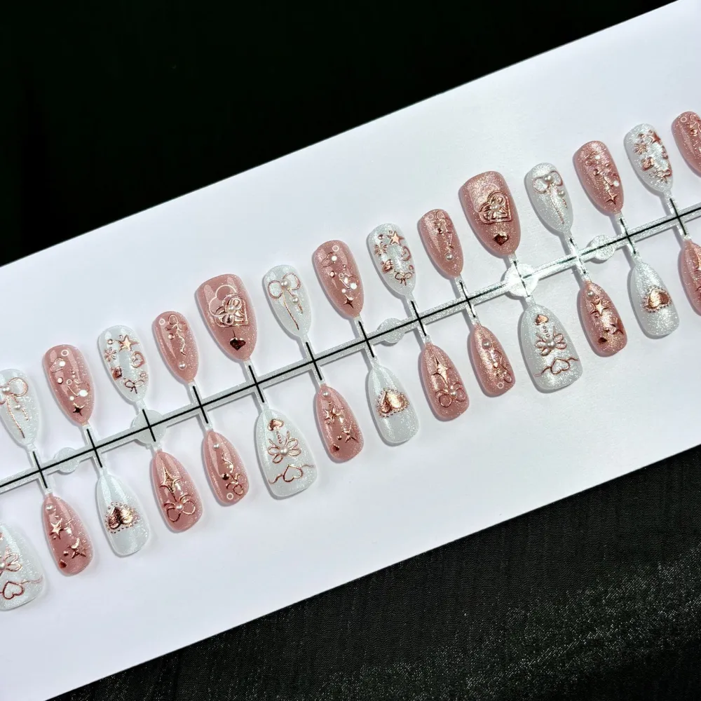 Nailhour 30Pcs Pink Cat Eye Gilded Short Almond Press On Nails