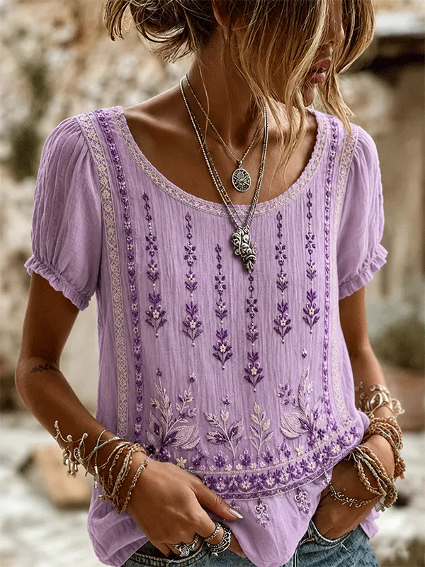 Women'S Lavender Boho Floral Embroidered Puff Sleeve Blouse
