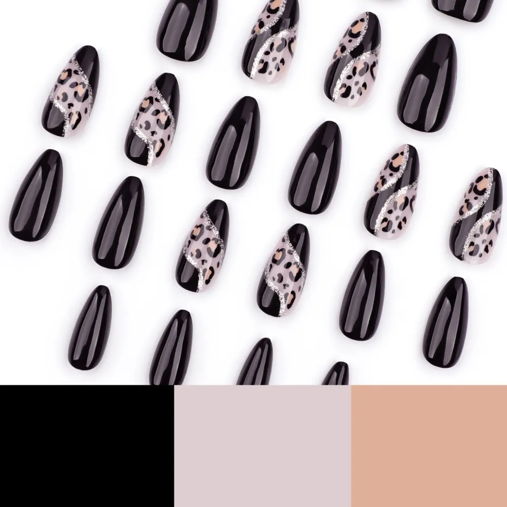 Nailhour Black Minimalist 24Pcs Leopard Winter Press On Nails