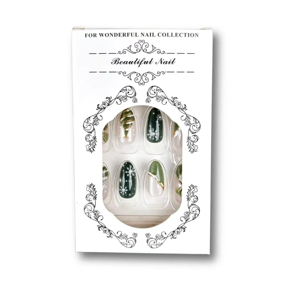 Nailhour 30Pcs Green Christmas Medium Almond French Press On Nails