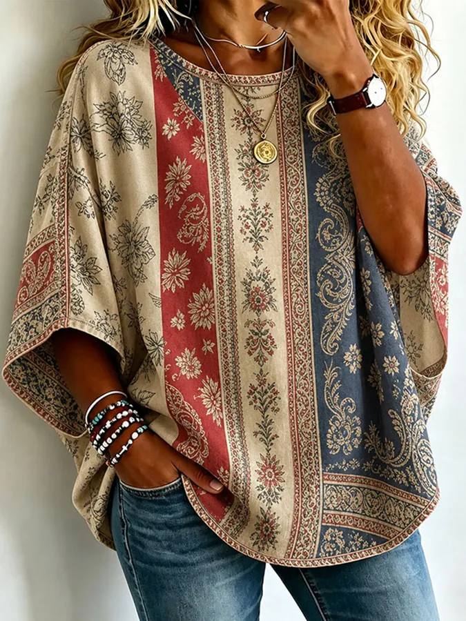 Women's American Vintage Ethnic Floral Loose T-Shirt