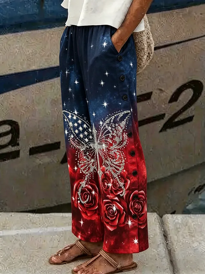 Rhinestone Butterfly Rose Galaxy Gradient Side Button Wide Leg Casual Pants