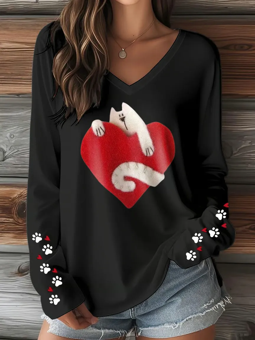 Women's T-shirt With Cute Cat Print And V-Neck And Long Sleeves