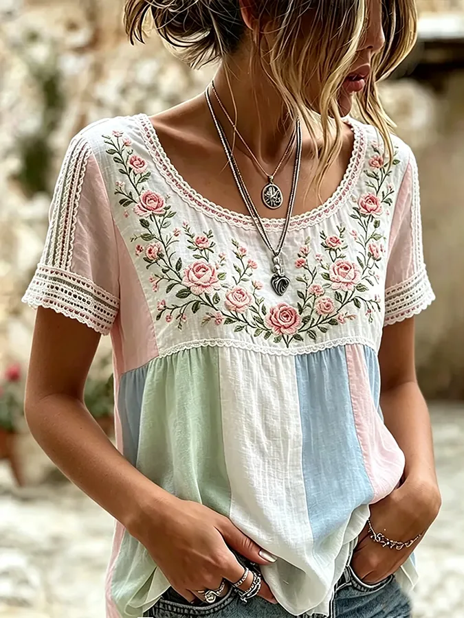 Women'S Casual Printed Cotton And Linen Round Neck Top