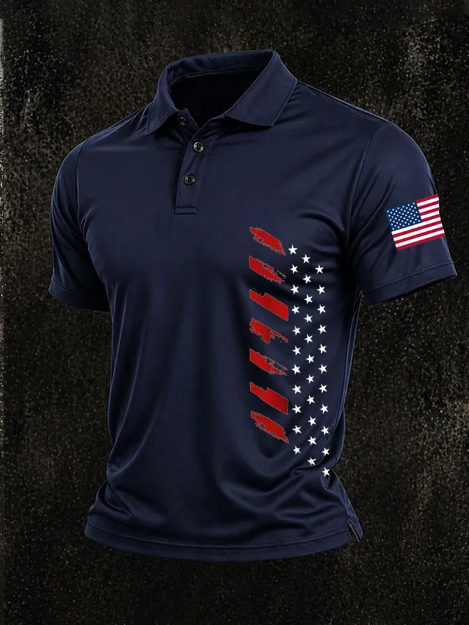 Men'S American Flag Print Casual Polo Shirt