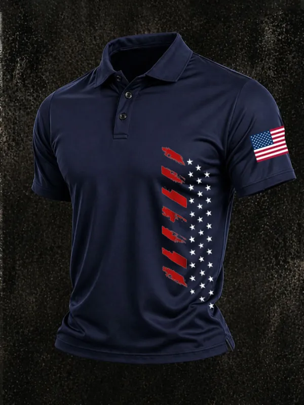 Men'S American Flag Print Casual Polo Shirt